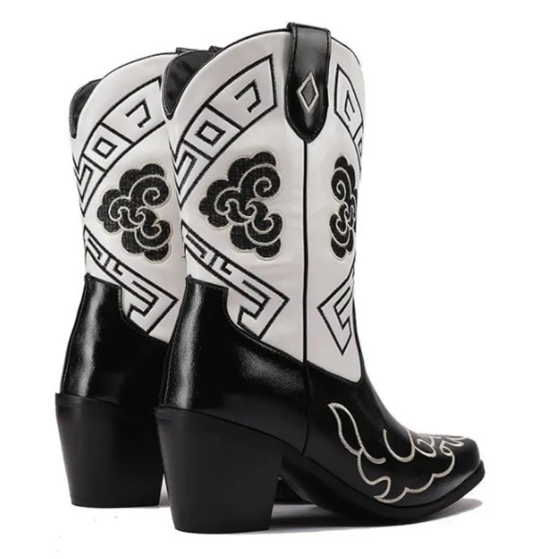 

YAOJING Сексуальные женские сапоги на среднем каблуке. Черные кожаные средние сапоги. Высота каблука около 6,5 см. Женские сапоги до середины икры с вышивкой