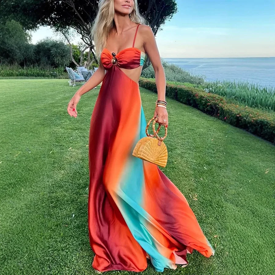 Schulterfreies, figurbetontes langes Kleid für Frauen, sexy Riemen, Farbverlauf, Urlaub, Strand, Maxi, Sommer 2025, elegante böhmische Famlae-Vestidos