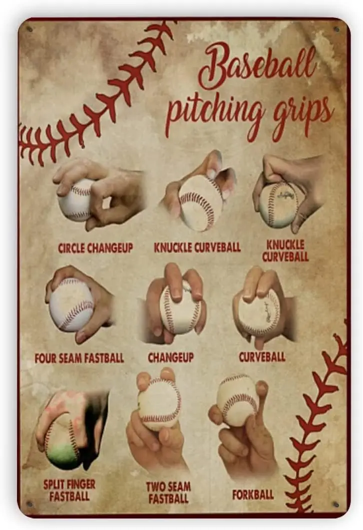 e1,Vintage Tin Signs Baseball Pitching Grips and Baseball Skills Wall Decor Plaque Bar Poster Tin Signs Plaque Suitable for Man