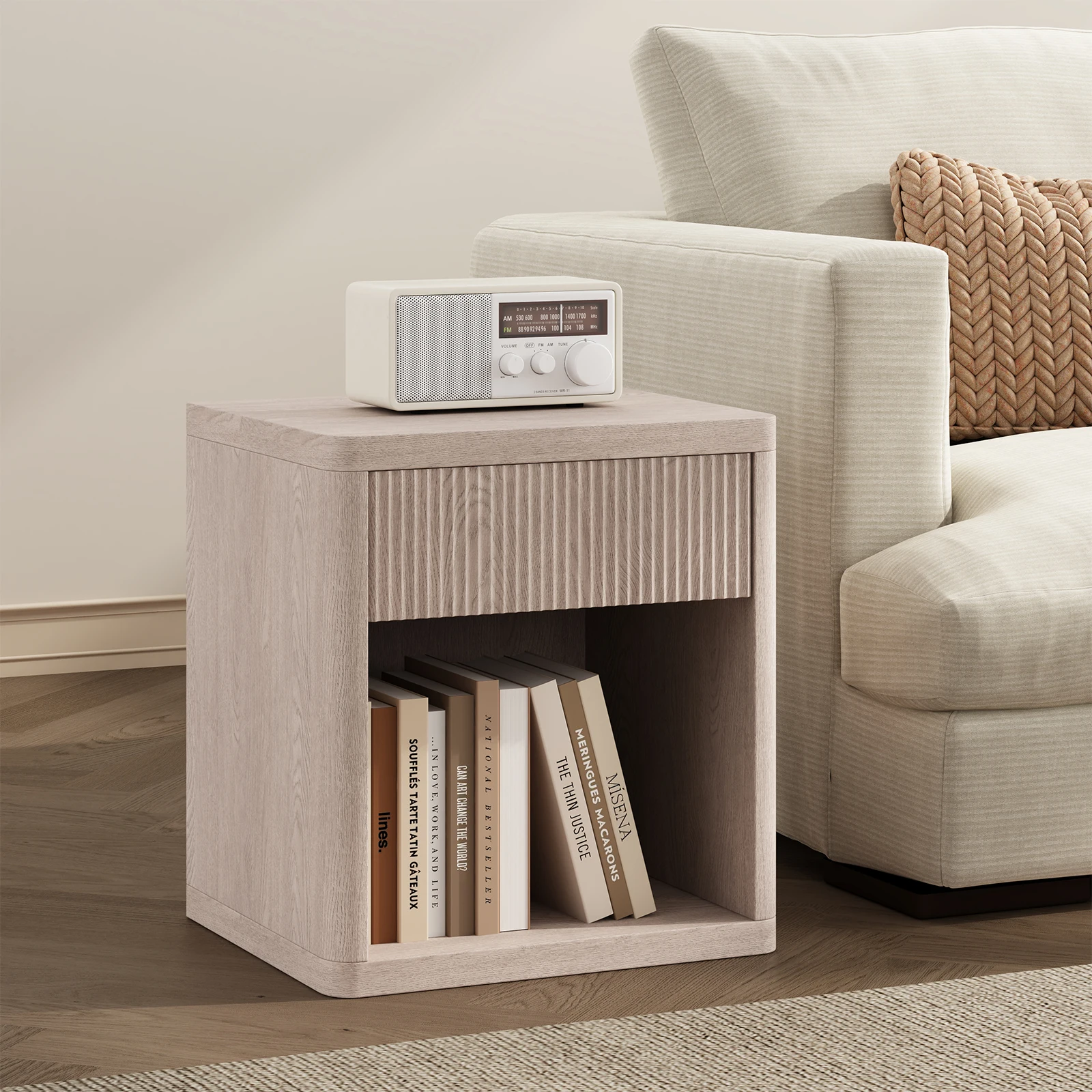 JHK 23IN Wooden End Table with Fluted Front Living Room Cabinet Mid Century Modern Night Stand with Drawer and Open Shelf Sturdy Compact Sofa Side Table for Bedroom