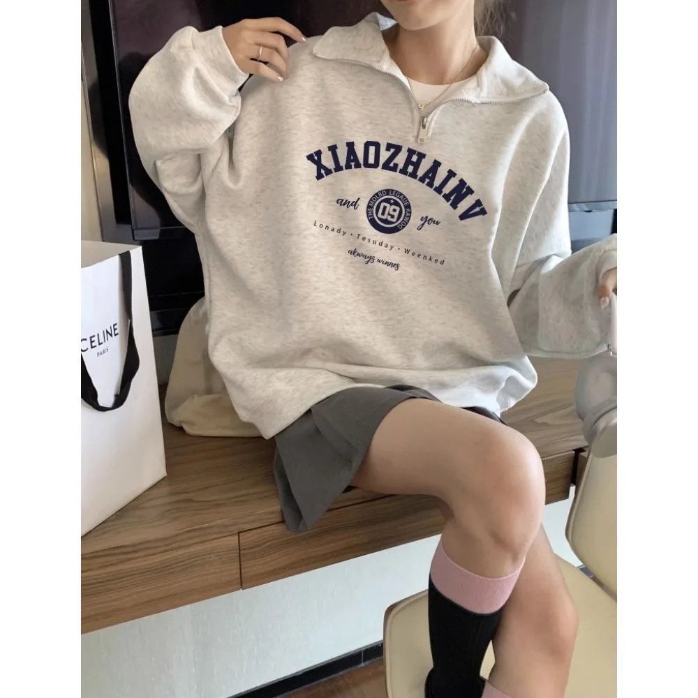 Y2K Hoodies Letter Polo Zipper Collar Women Sweatshirt Spring Autumn Vintage Casual Long Sleeve Hoodie Oversized Grey Tops Teens