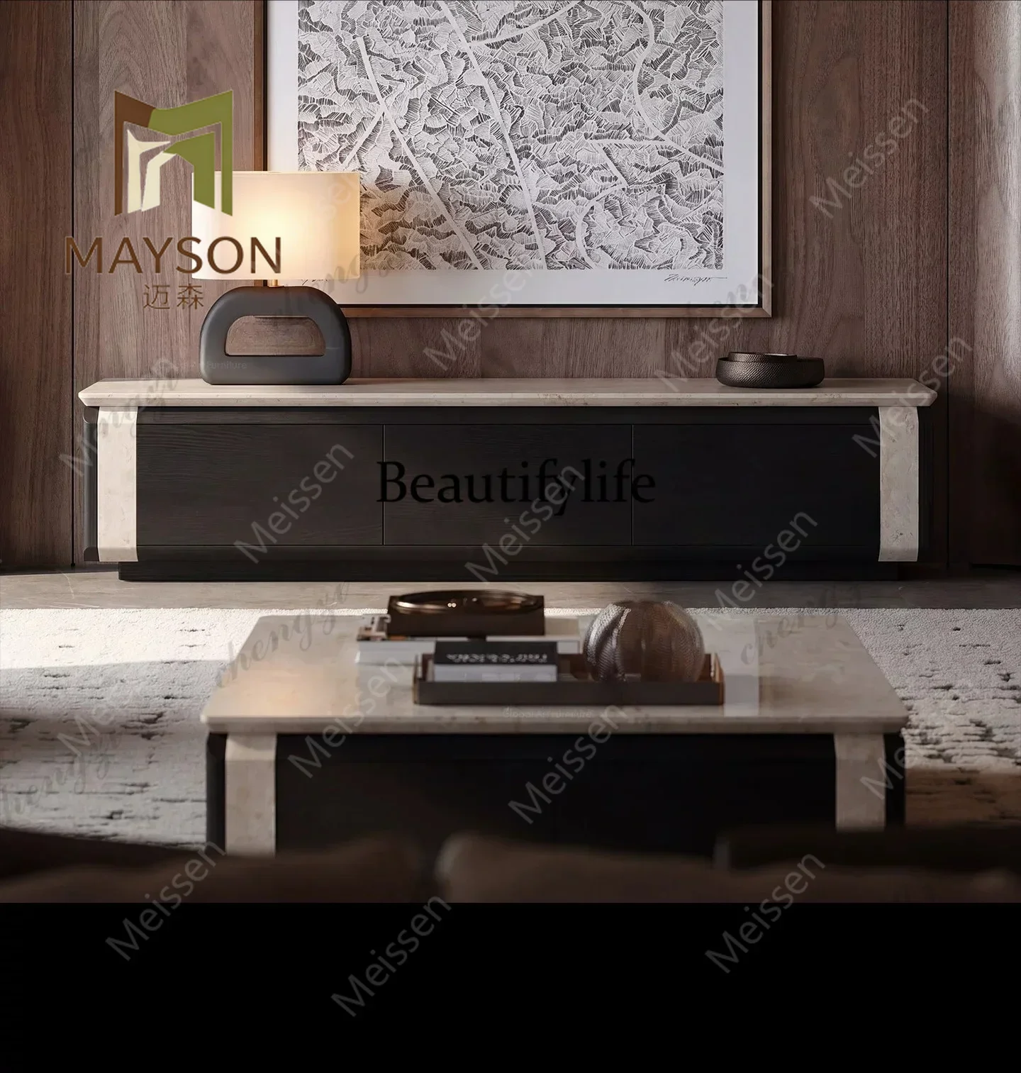 Italian minimalist marble TV cabinet, living room home, new storage locker