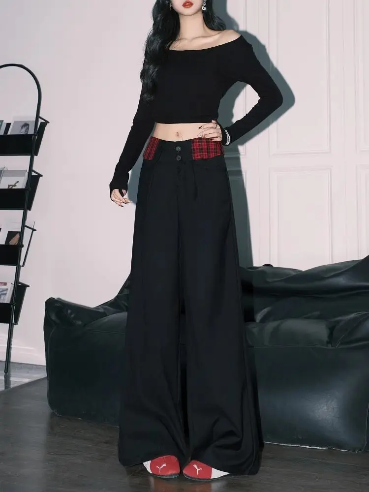 

American Plaid Splicing Suit Pants Women's Spring Black High Waist Loose Wide Leg Casual Pants