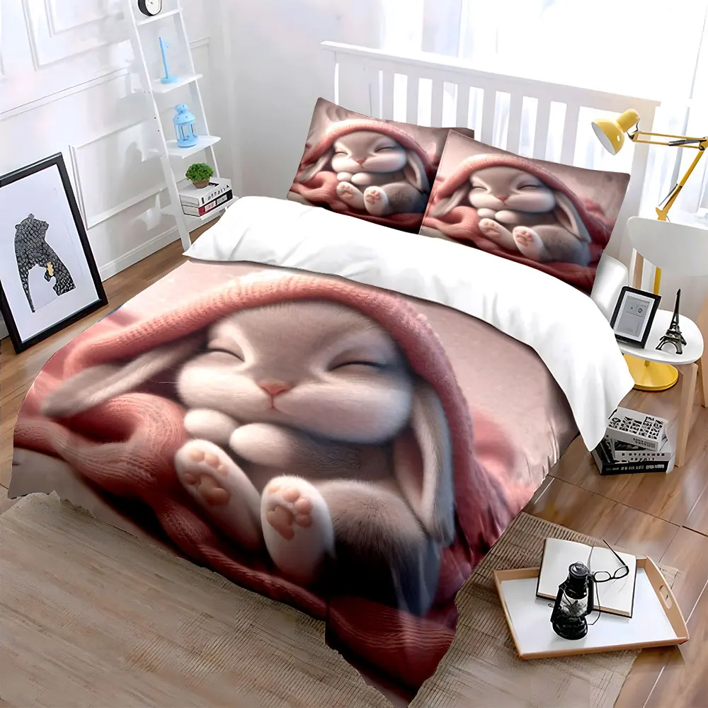 Adorable bunny cuddled in cozy blanket Print Bedding Set 1 Duvet Cover 2 Pillowcases for Adult and Children Luxury Gift