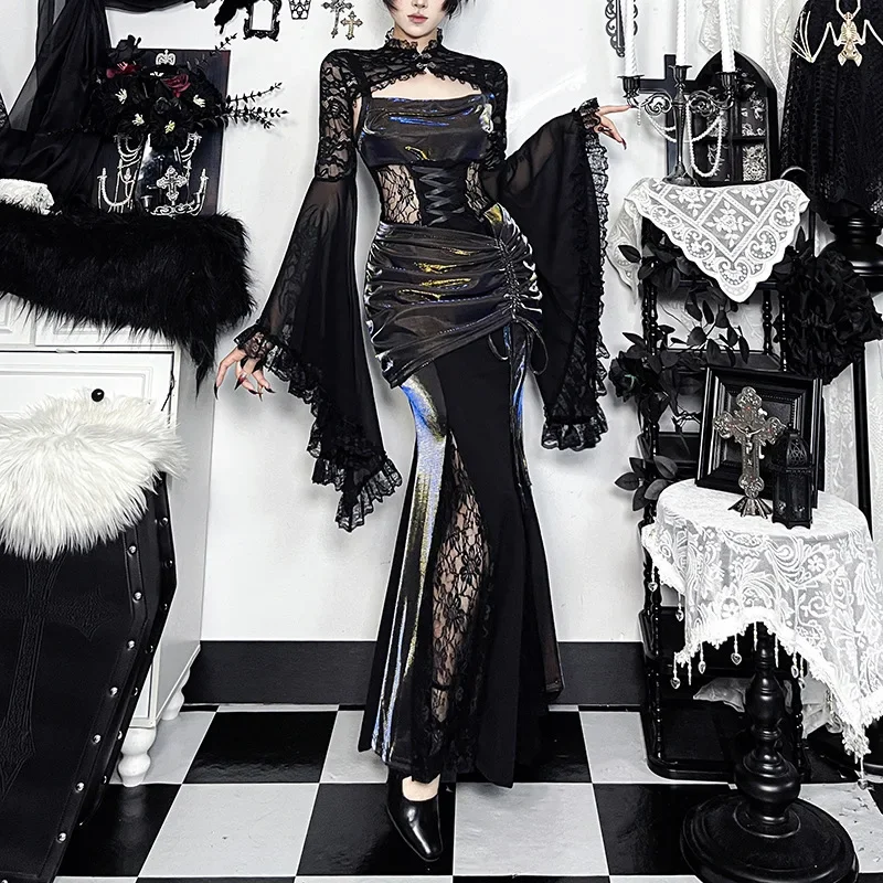 IMU Vintage Dark Gothic T Shirt Women's Flared Sleeve Lace Stand Collar Ultra Short Top Y2K Sexy Casual Party Shirt