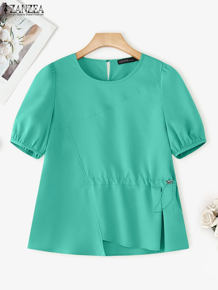 ZANZEA Camicetta moda donna Raccogli la vita Tunica Top 2025 Estate Manica corta Camicie solide Coreano Casual Allentato Blusas Abbigliamento