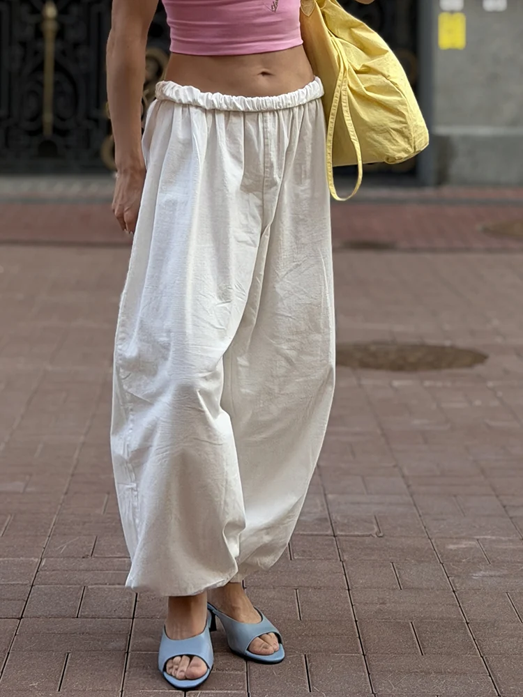 Wide Leg Red Pants For Women Cotton Long Bloomers White Autumn Elastic Waist Lantern Trousers Women Straight Practice Pants Lady