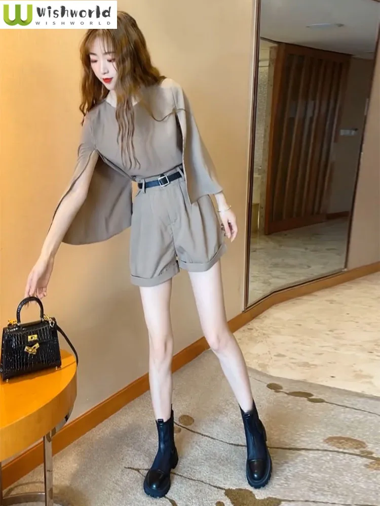 Fashion Set Women's Summer New Korean Edition Western Style Goddess Fan Xiaoxiang Wind Wide Leg Shorts Two Piece Set