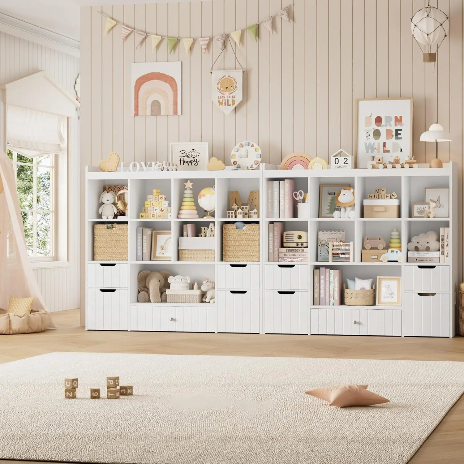 Large 48W Kids Toy Storage Organizer with Removable Bins, Bookshelf and Drawers