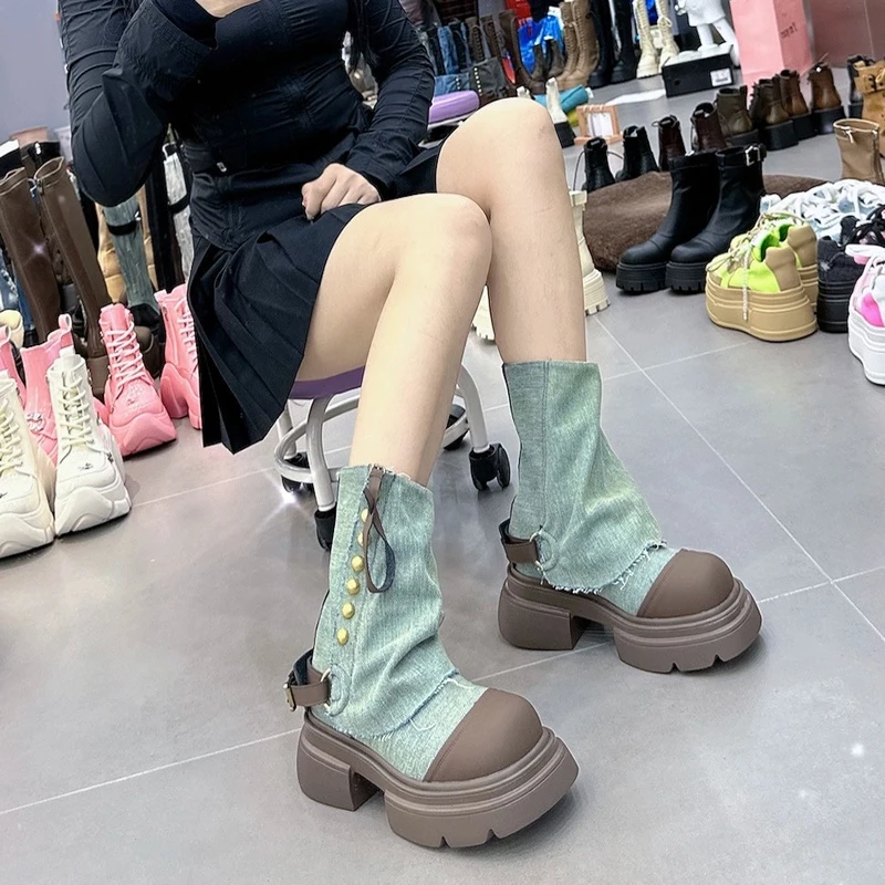 

Women Flats Ankle Cowboy Chelsea Boots Winter Ladies Fad Platform Gladiator Goth Shoes New Chunky Motorcycle Botas Women Zapatos