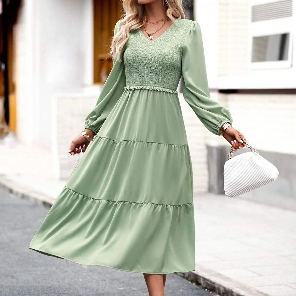 

Elegant Patchwork Draped Dress for Women Summer Solid Color Dress Temperament Long Skirt Beach Holiday Vestido Feminino