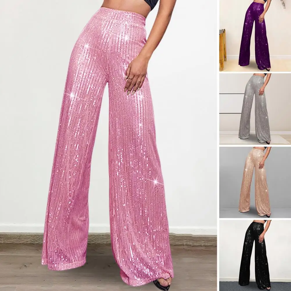 

Sequin Embellished Pants Sparkling Sequined Wide Leg Pants for Women High Waist Nightclub Trousers with Elastic Waist Loose Fit