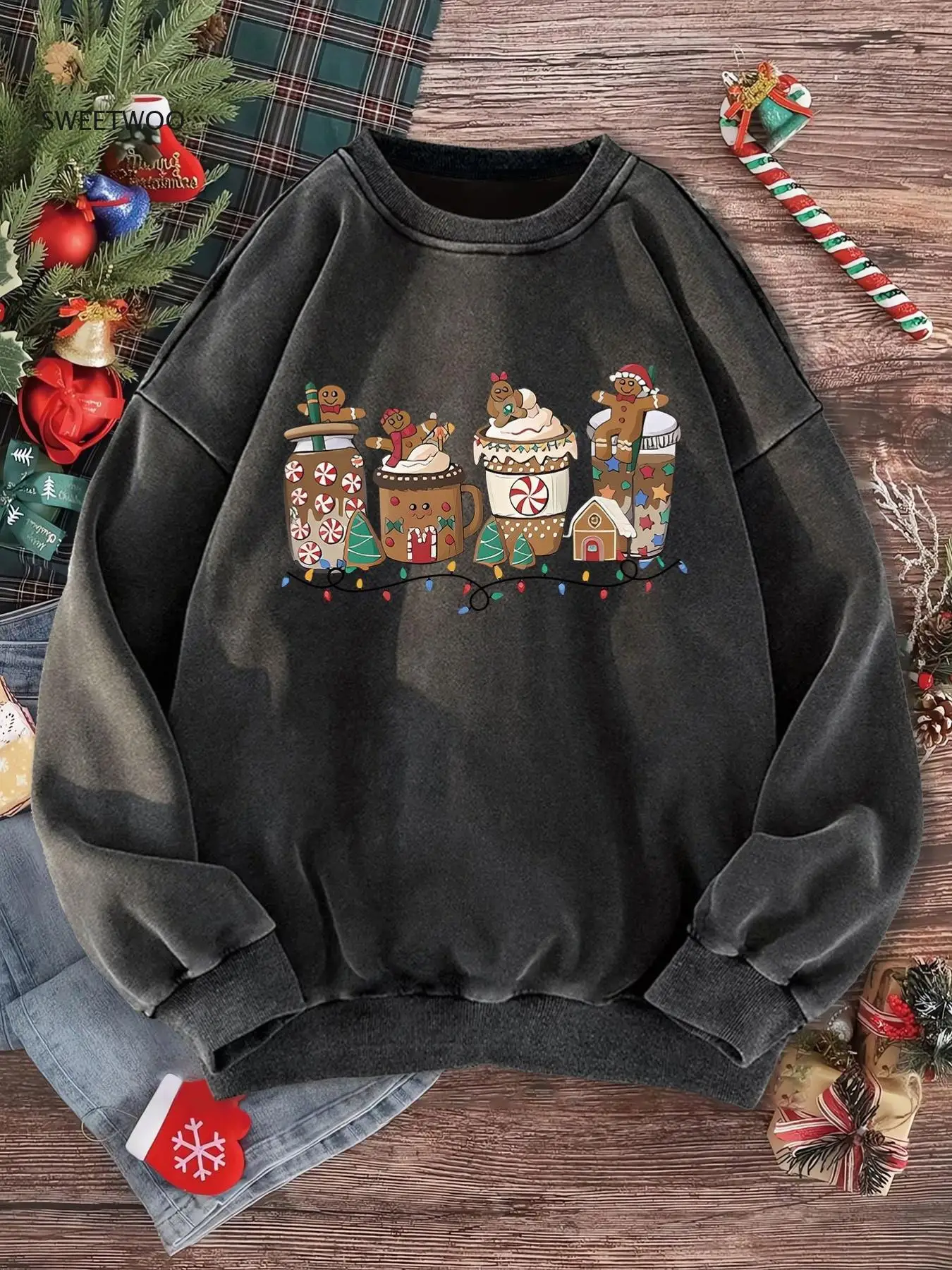 

Vintage Women's Washed Round-Neck Sweatshirt with Christmas-Themed Prints for Autumn and Winter, Christmas Sweatshirt for Women