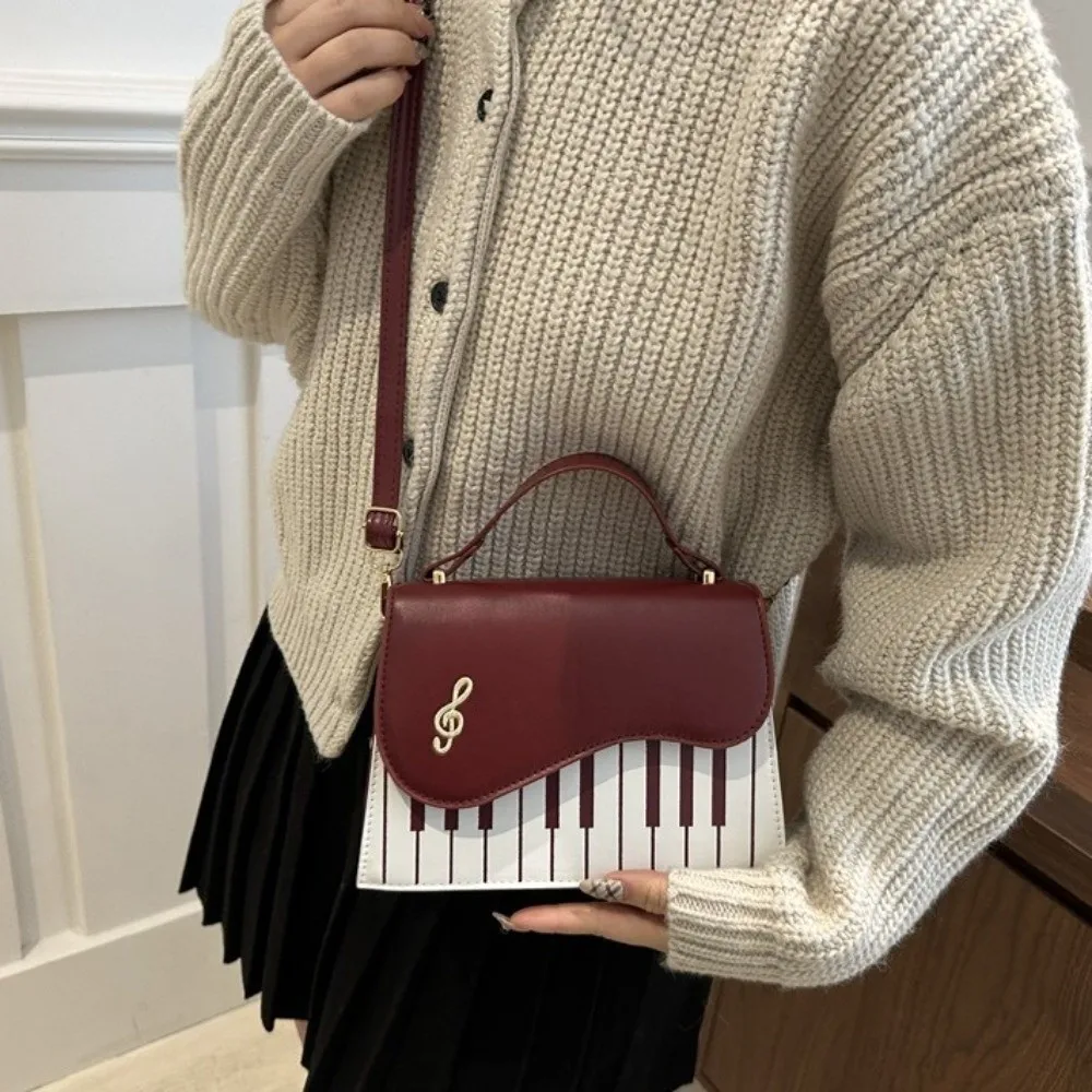 Sweet Contrast Color Piano Note Crossbody Bag PU Leather Square Shoulder Bag Embroidered Flip Women Handbag Work Use