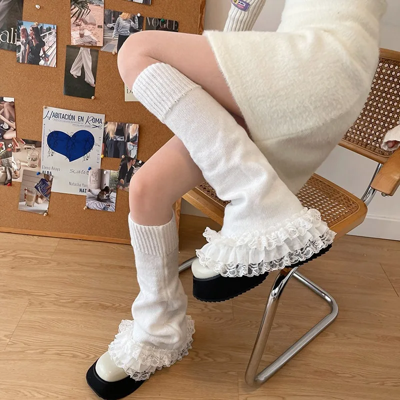 

2023 New Korean Spicy Girls Women's Woolen Knitted Lolita Cute Leg Warmers Y2k Vintage Lace Leg Covers Socks Warm Cold-proof Sox