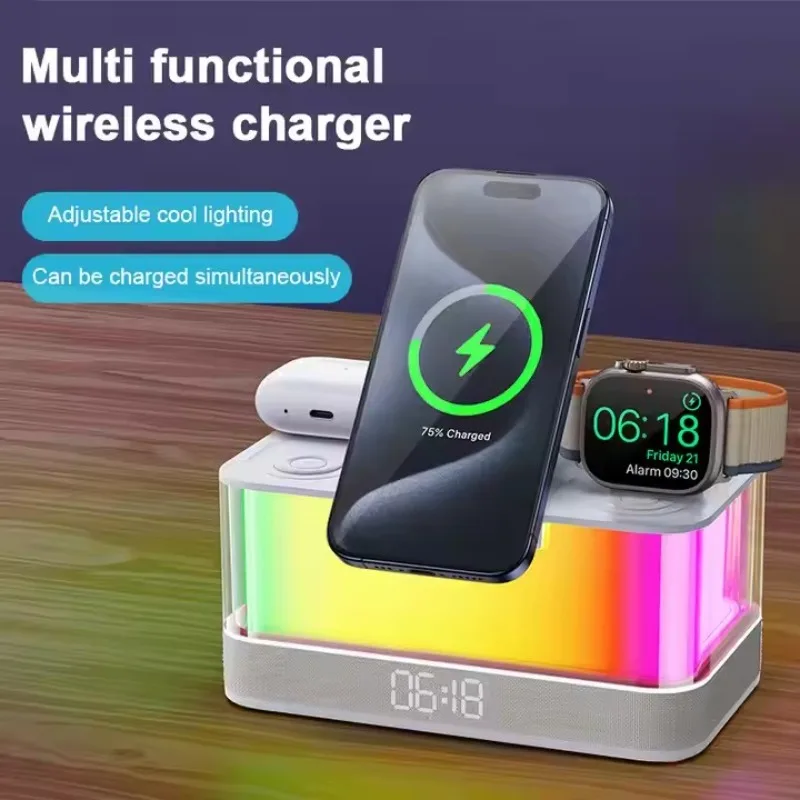 Desktop Multifunction Fast Charging Station Dock Stand Magnetic 6 in 1 Wireless Charger Bluetooth Speaker with Clock Night Light