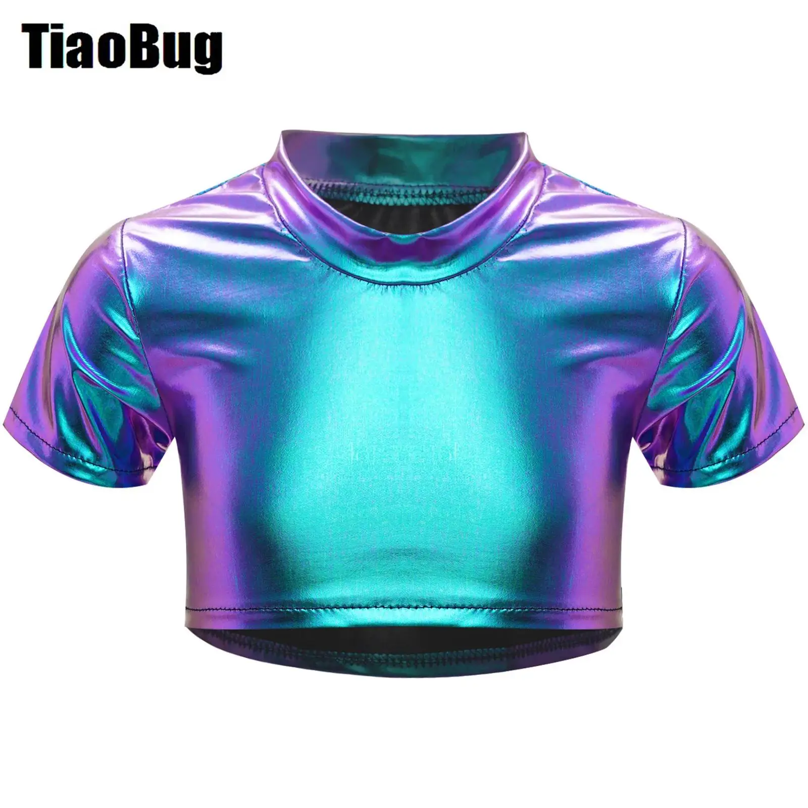 

Kids Girls Metallic Jazz Tops Short Sleeve Round Neck Crop Top T-shirt Dance Cheerleading Stage Performance Costume