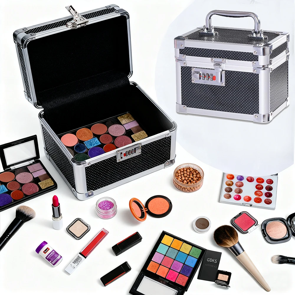 

Portable Small Cosmetic Case Jewelry Box Black Makeup Bag Lock Boxes with Code Cosmetics Lockbox Travel Storage Box 7.1x5.1x5.3"