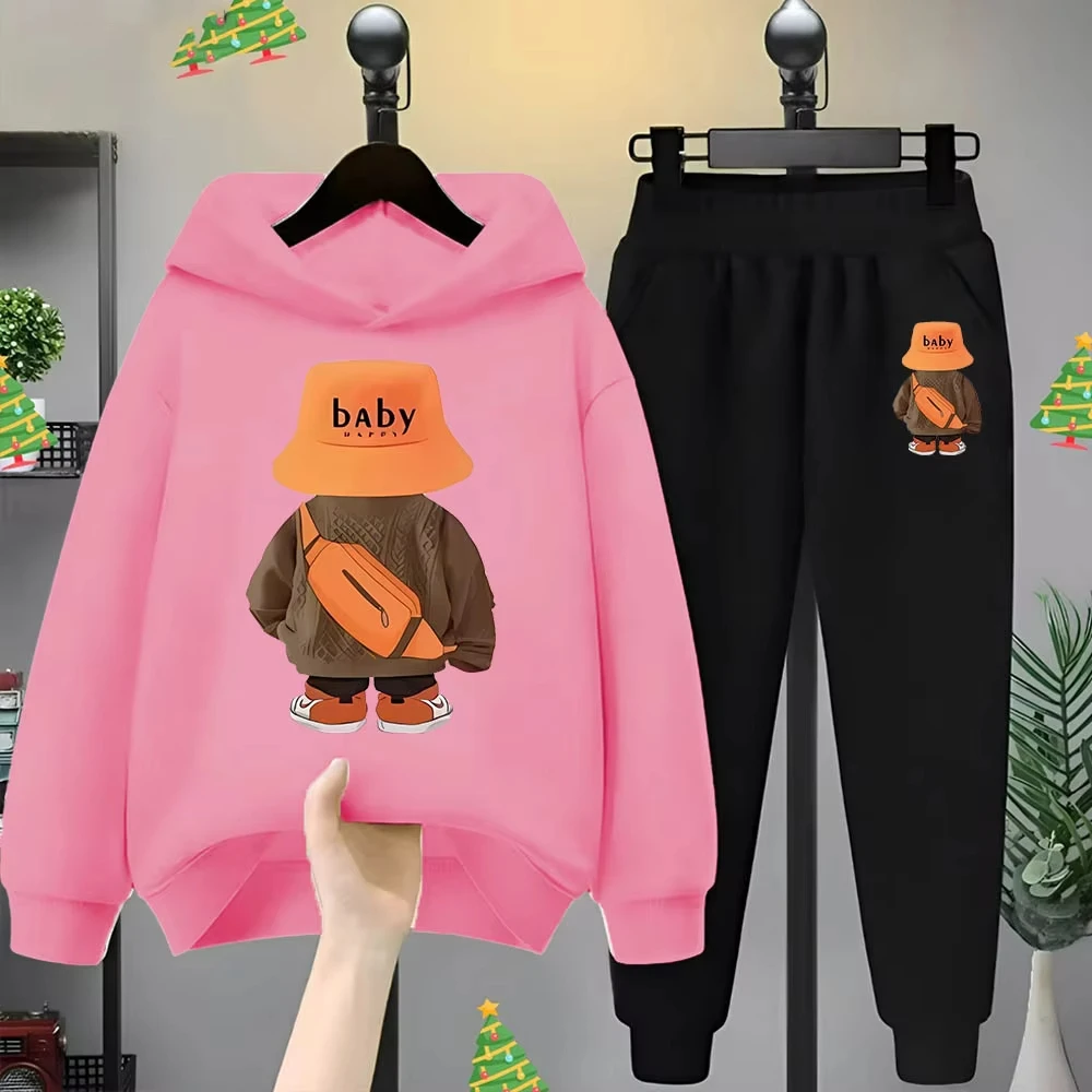 

Orange fisherman hat Bear boys and girls children long-sleeved hooded hoodie spring and autumn leisure fashion baby clothes set