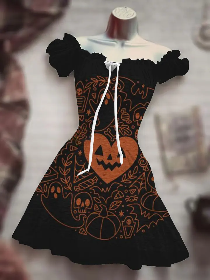 Summer 3D print horror smile Halloween black clothing Hawaii Bohemian short sleeved dress Skull wooden man night drawstring