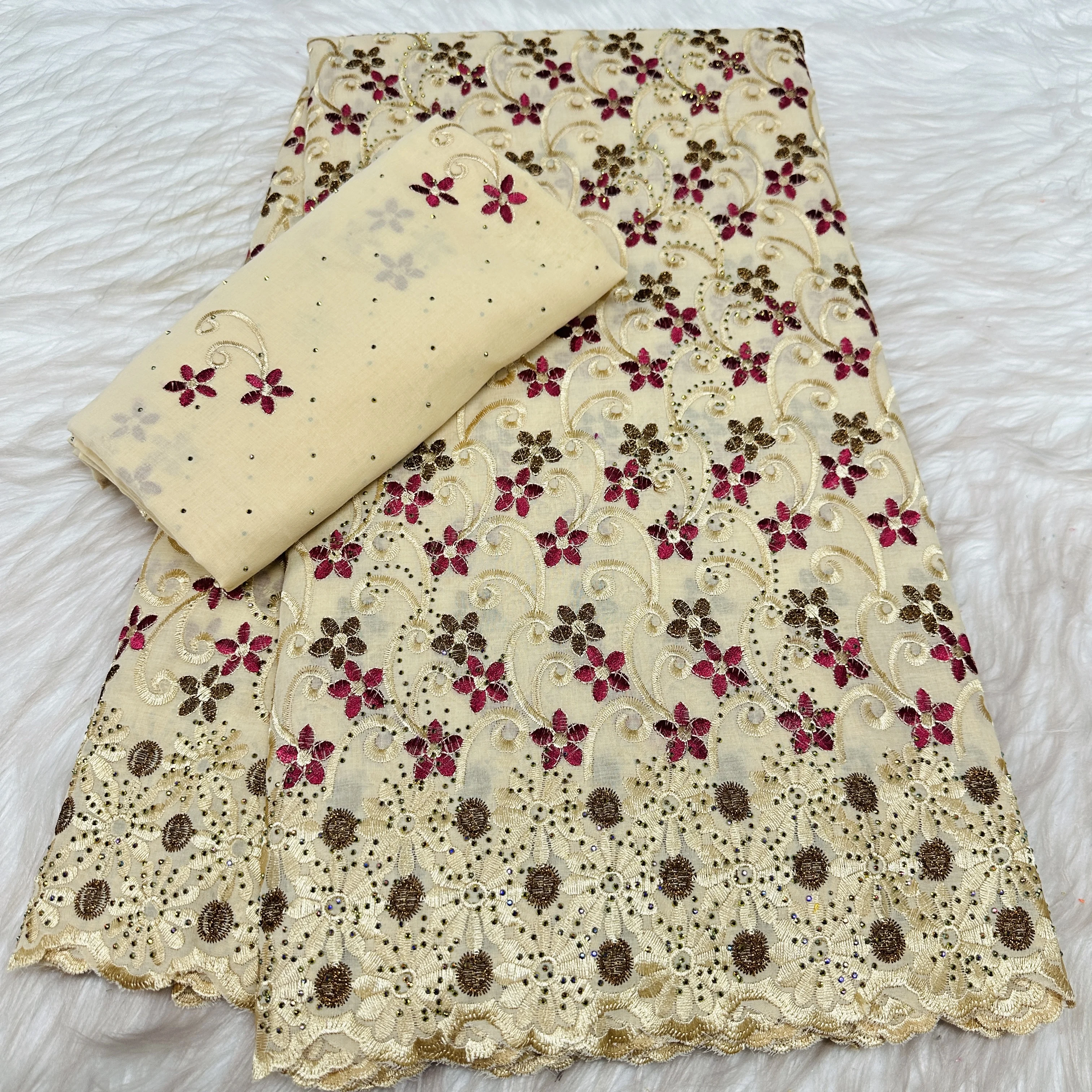 White Gold Color Series 5+2 Yards African 100% Cotton Lace Fabric High Quality Swiss Voile Dry Lace With Stones For Clothing Sew