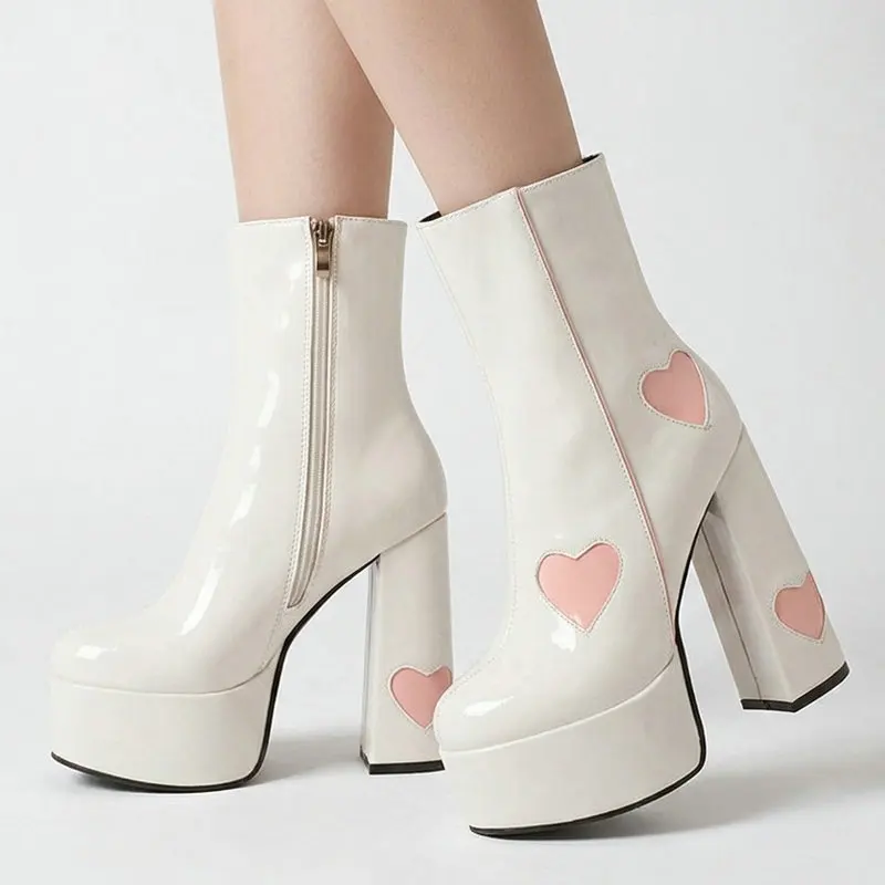 Botines de Plataforma con Tacón Grueso y Cierre Lateral de Charol para Mujer, Estilo Y2K, con Decoración de Corazón Kawaii