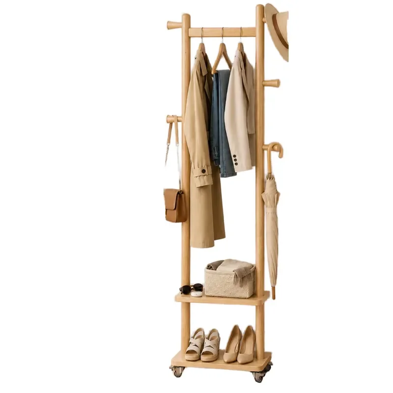 Heavy Duty Solid Wood Freestanding Coat Rack with Wheels 3 Tier Storage 5 Hooks for Bedroom Entrance Living Room Hotel Use 3