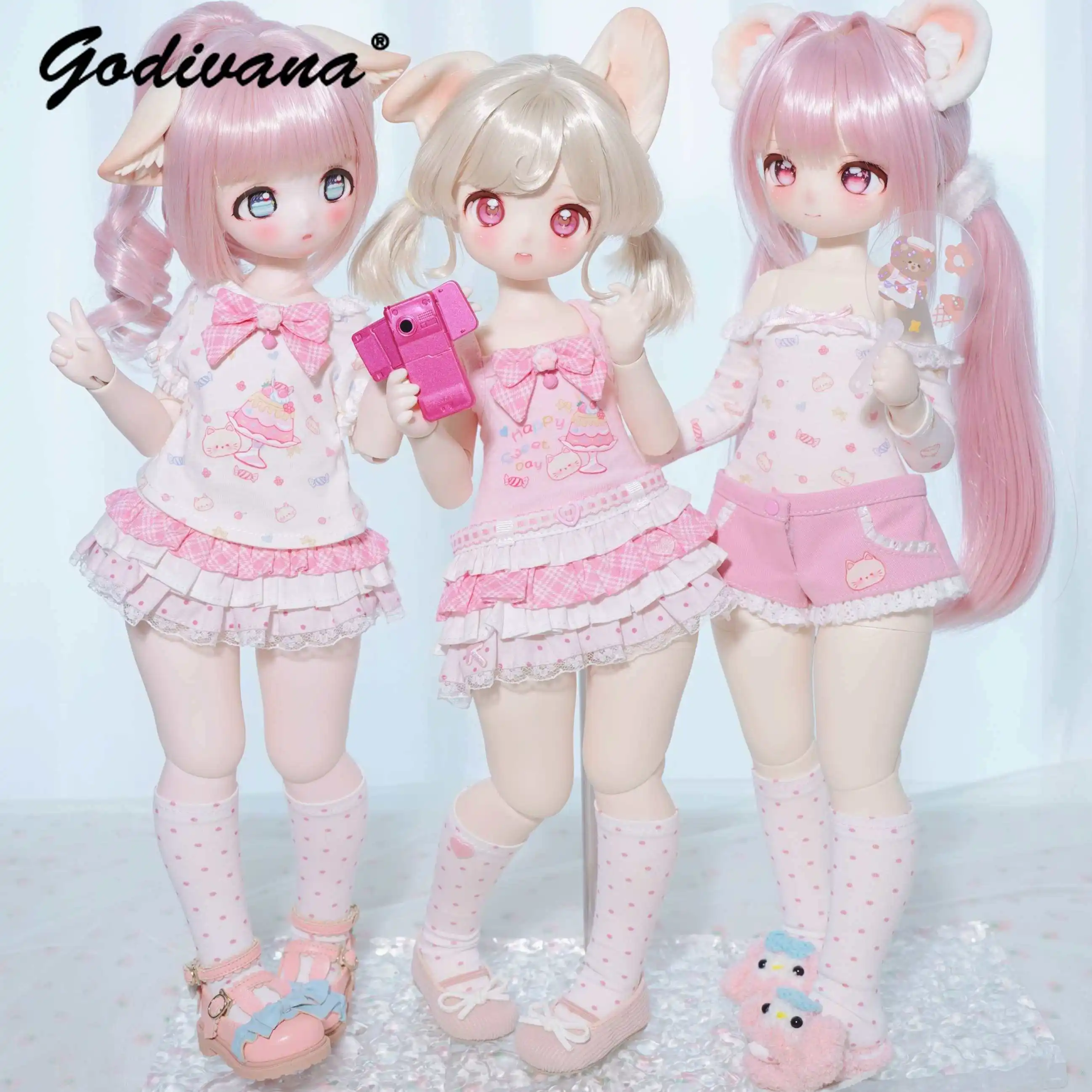 1/4 BJD Doll Outfit Sweet Cute Cartoon Print Cami Top Tiered Lace Ruffle Skirt Two Pieces Set Pink Plaid Doll Clothes