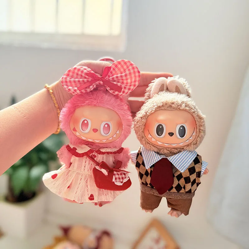 Doll Outfit Only For 1st-3rd Gen 15/17cm LABUBU Sitting Pose Scholarly Style Party Outfit With Red Heart Pudding Skirt Hanging