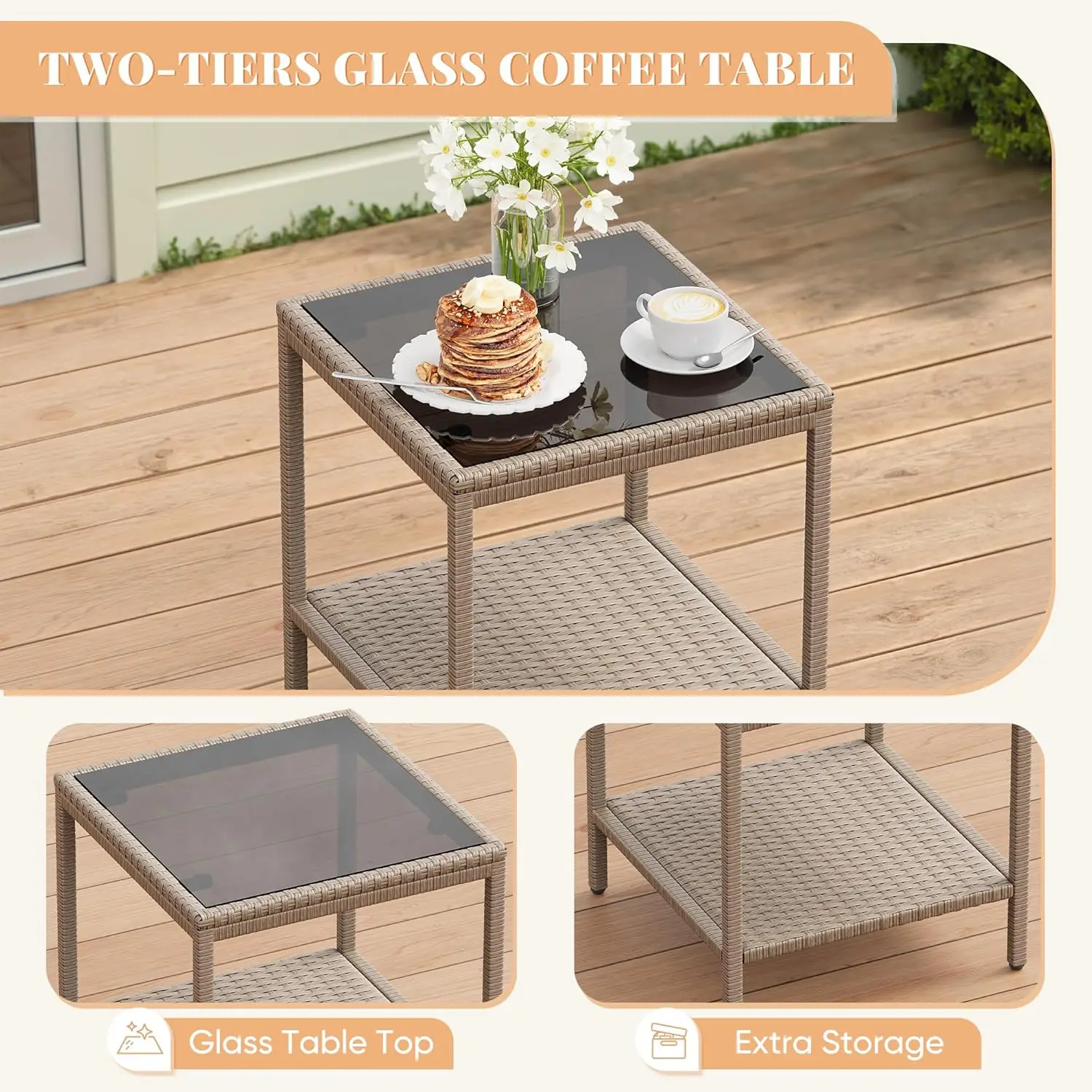 3-Piece Patio Furniture Set,Outdoor Wicker Conversation Furniture Sets Modern Star-Patterned Openwork Rattan Chairs with