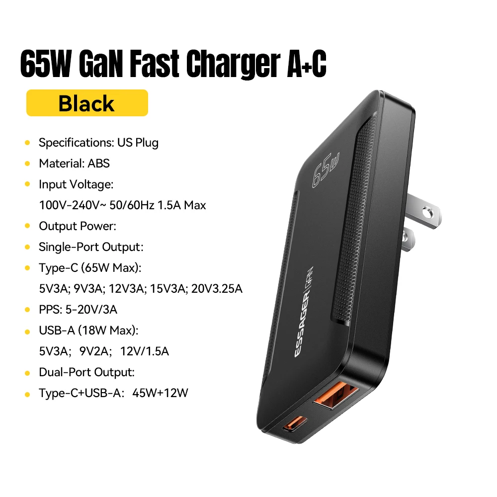 Essager Ultraflaches 65W GaN Pro Reiseladegerät Quick Charge 4.0 PD3.0 Tragbares Typ-C Ladegerät für iPhone 17 16 15 Samsung MacBook Laptop
