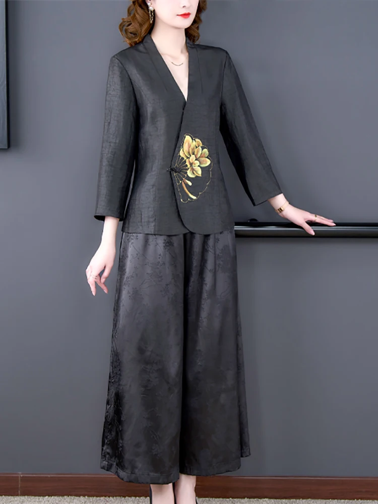 2024 Autumn Black Silk Elegant Two Piece Sets Women Long Sleeve Floral V-Neck Blouses+Jacquard Wide Leg Pants Two Piece Suits