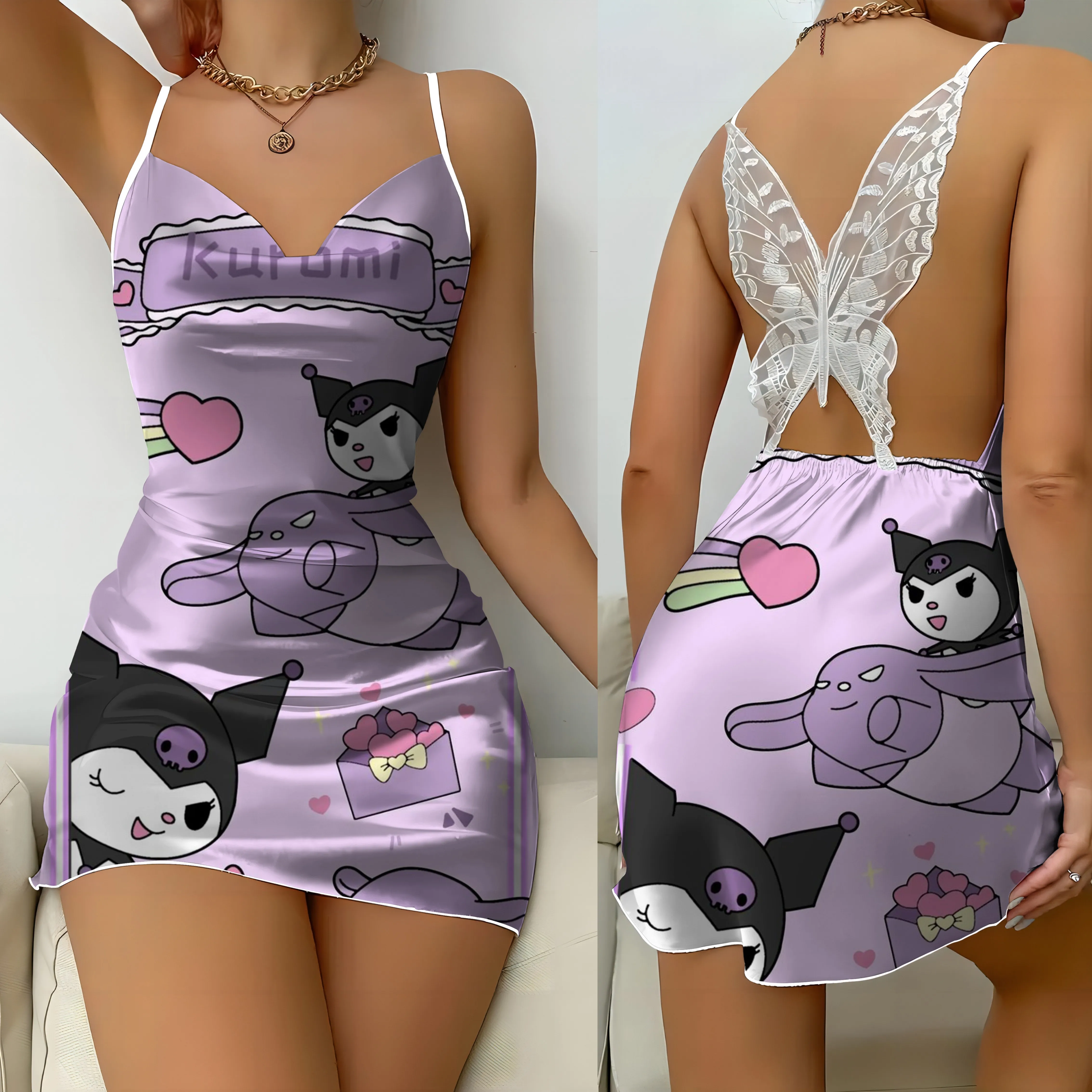 Rücken freies Kleid Sanrio Pyjama Rock Kuromi Satin Oberfläche Damen kleider Bogen Knoten Mode Sommer Party Frauen Mini sexy Spitze