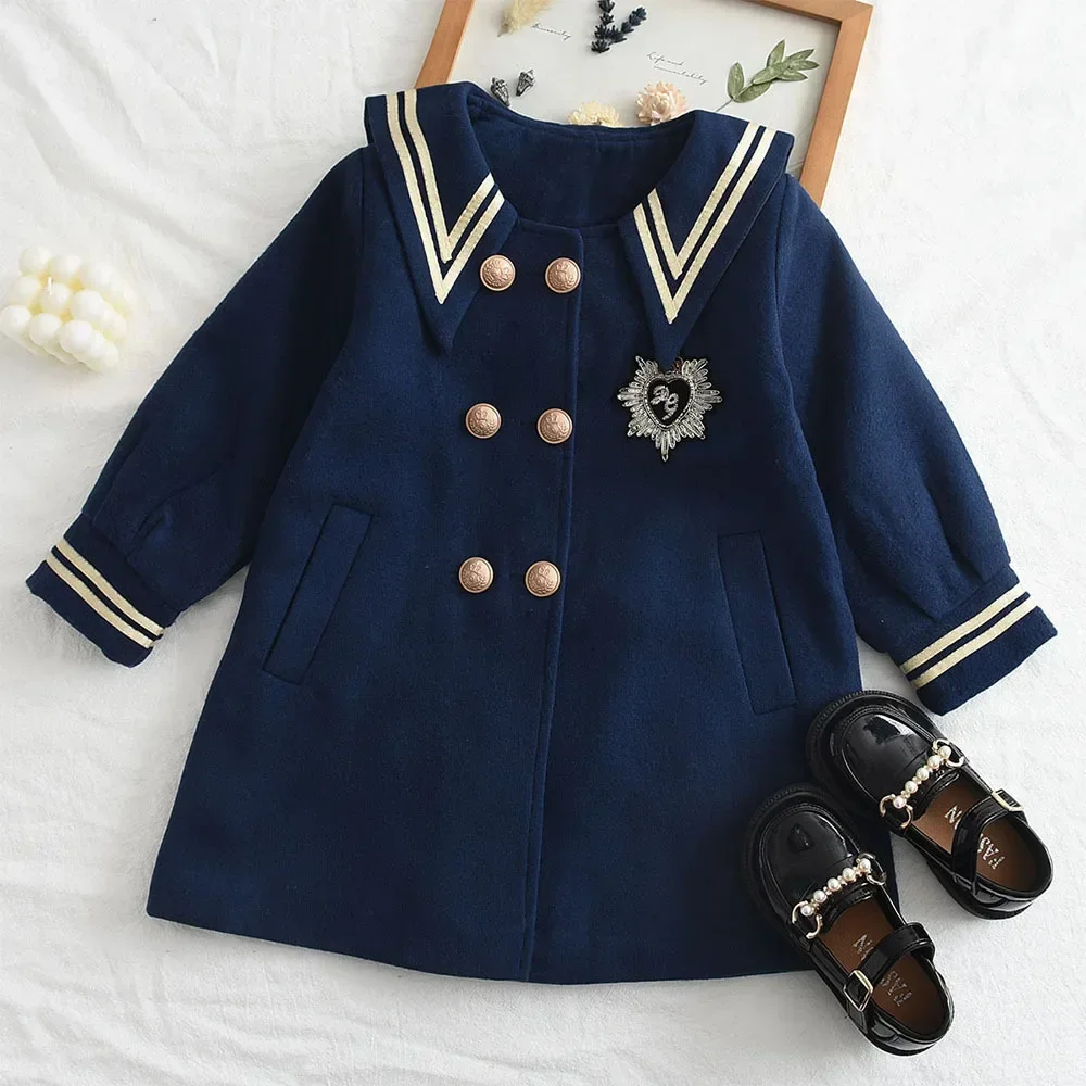 Girls Mid-length Coat 2024 Spring Autumn Navy Style Coat Little Girls Toddler Fashion Double Breasted Clothing