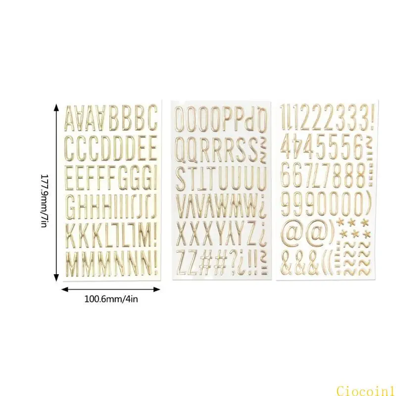 A3PC 3D Gold glitzernder Buchstabennummer Aufkleber Metallic Farbbrief Aufkleber für Scrapbooking Journal Notebook Home
