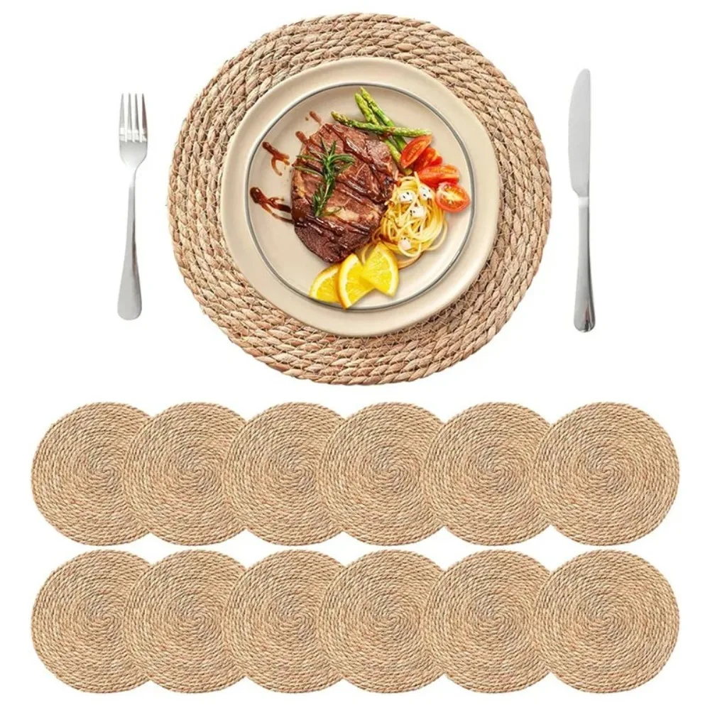 Straw Braided Round Handwoven Rattan Placemats Non-Slip Heat Resistant Heat Insulation Mats Pot Mat Dining Table