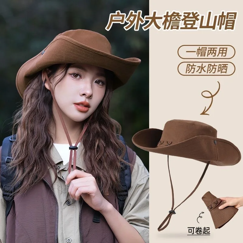 ​​Western Style Bucket Hat Wide Brim UV Protection Large Head Size Unisex For Hiking Fishing Convertible Retro Hat