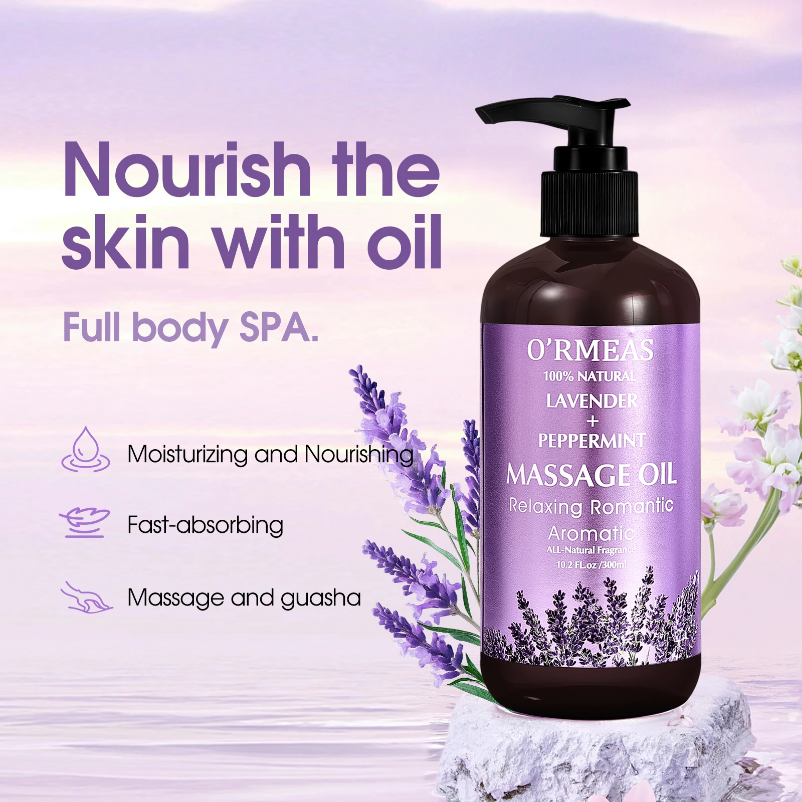 Lavender & Peppermint Infused Massage Body Oil - Warming & Moisturizing Formula for Men & Women, 10.2 Fl.Oz