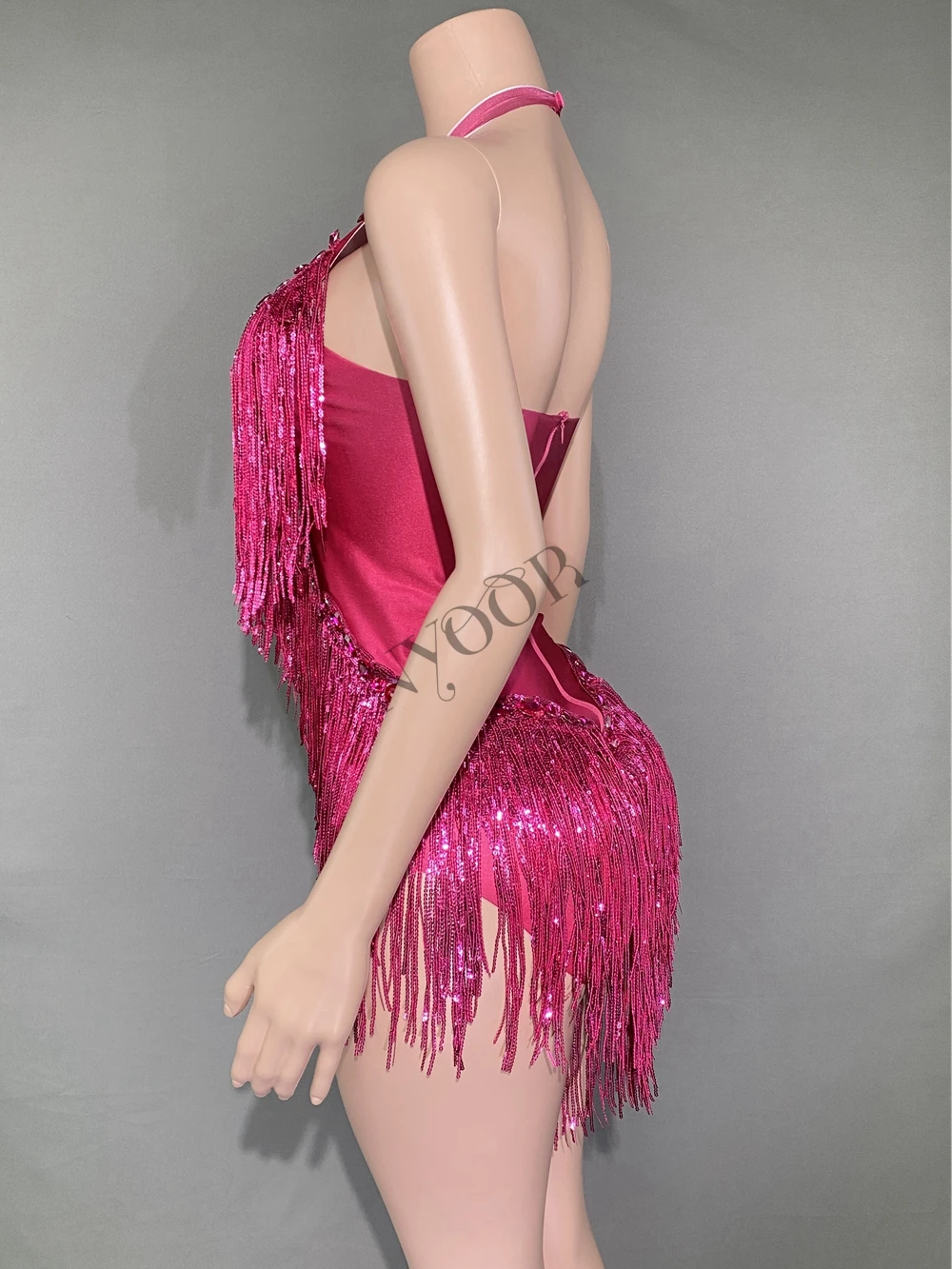 Sparkly Hot Pink Crystals Sequins Fringes Bodysuit for Women Sexy Backless Dance Costume Dancer Performance Show Stage Wear