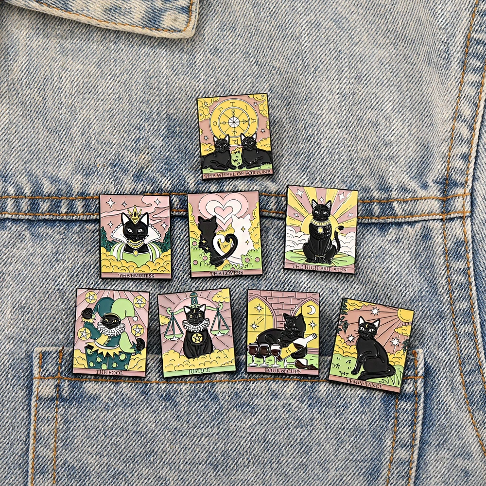 Statement Black Cats Collection Enamel Square Pins Temperance The Wheel Of Fortune Justice Fool the Empress Brooches Wholesale