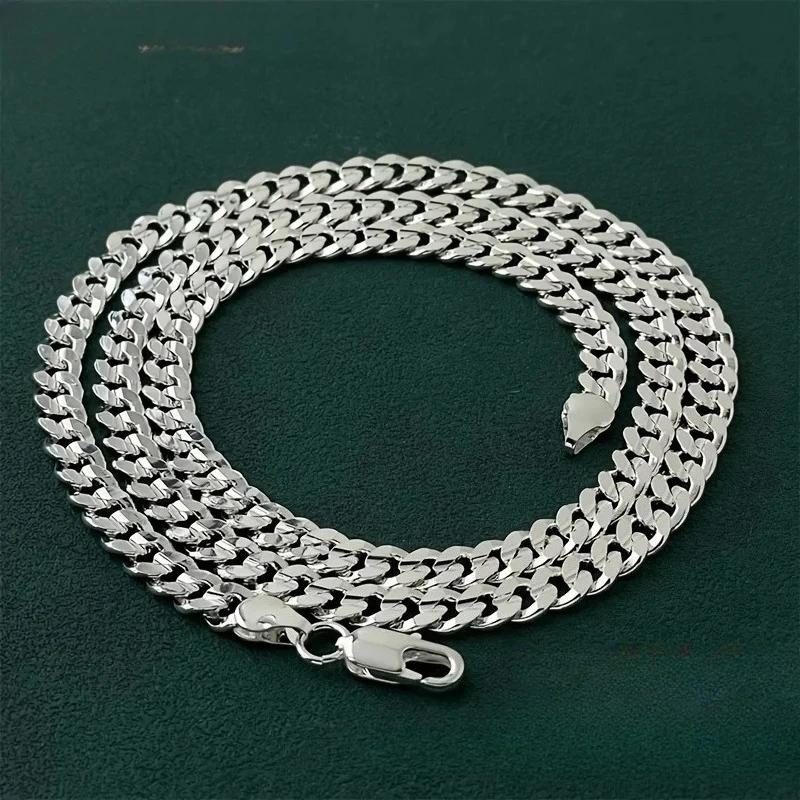 Solid 925 Sterling Silver 7mm Cuban Chain Necklace for Women Men Noble Concave Sideways Versatile Wedding Jewelry Gift