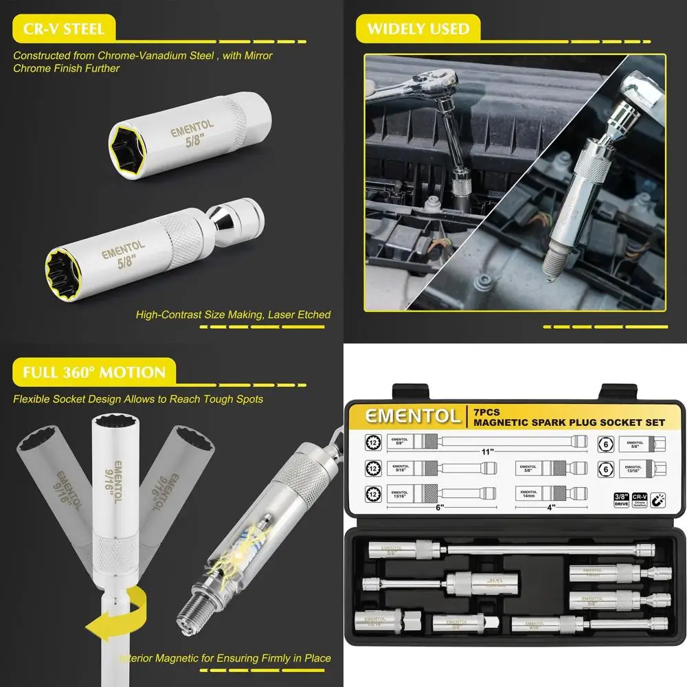 

7PCS 3/8" Drive Spark Plug Socket Set, CR-V, Swivel Magnetic Extension Sockets, Includes 9/16", 5/8", 13/16", 14mm Sockets