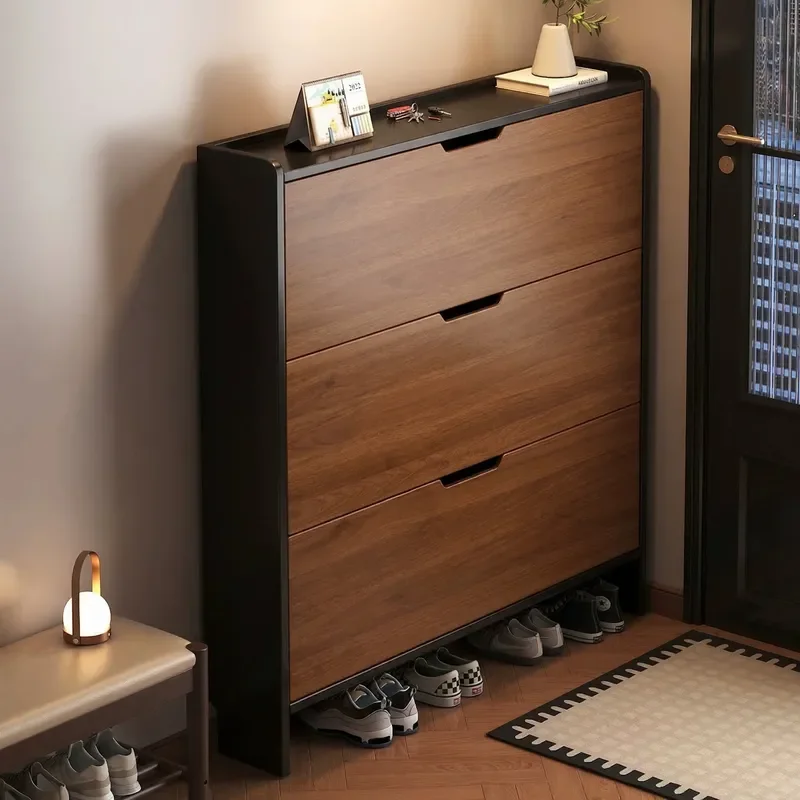 For Solid Wood Ultra Thin Tipping Bucket Shoe Cabinet Household Entry Door Storage Integrated Against Wall Small