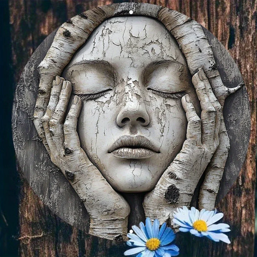 Aluminum Wall & Door Hanger | Decorative Sign with Tree Trunk Face Sculpture | Perfect Wall Art