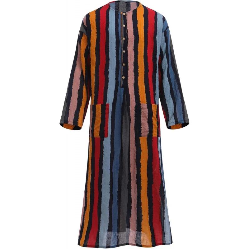 Men's Striped Kaftan Thobe with Pockets