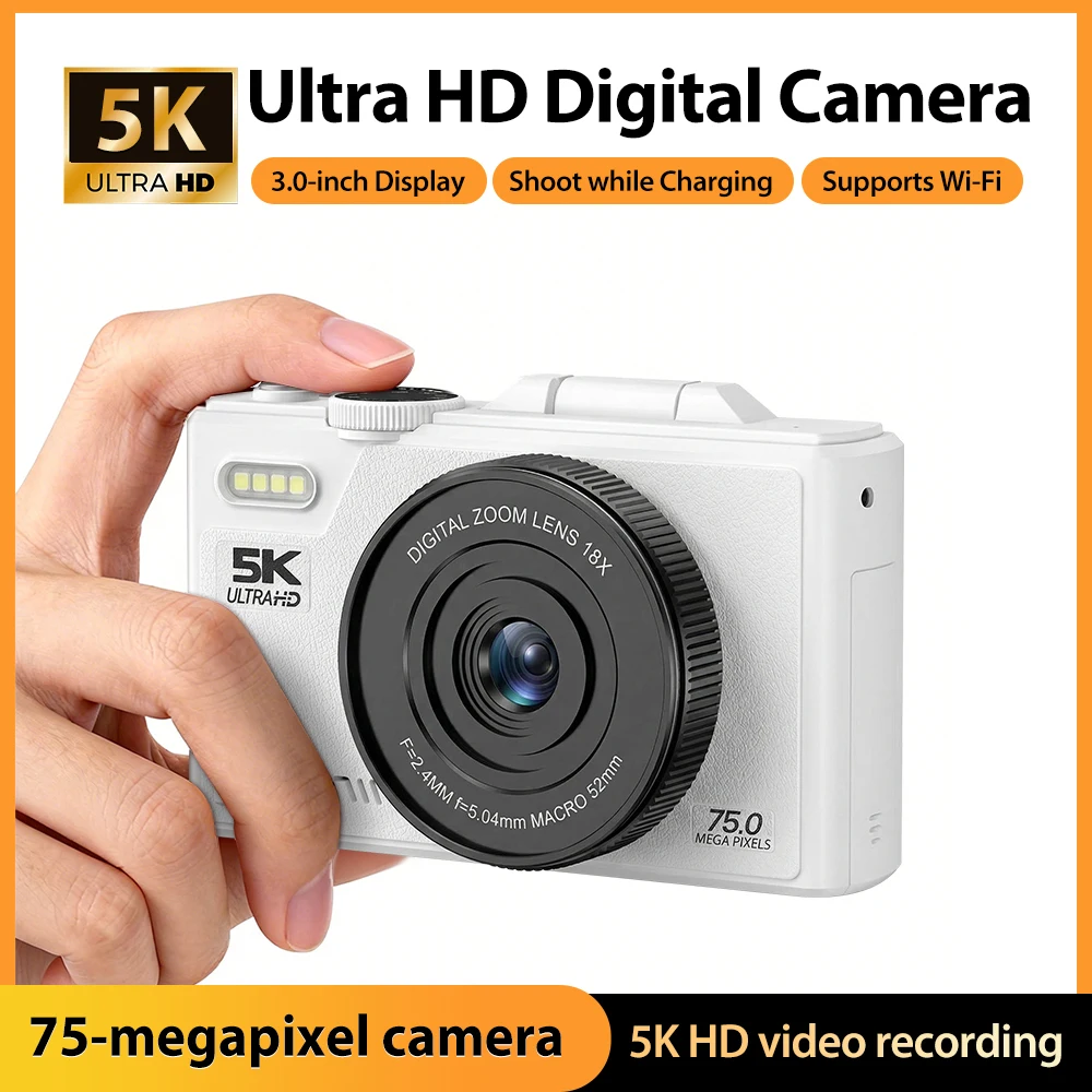 

Цифровая фотокамера KOMERY New Compact 5K с 18-кратным цифровым зумом и функцией записи видео в винтажном стиле, 180° ° Камеры с поворотным экраном, Wi-Fi веб-камеры