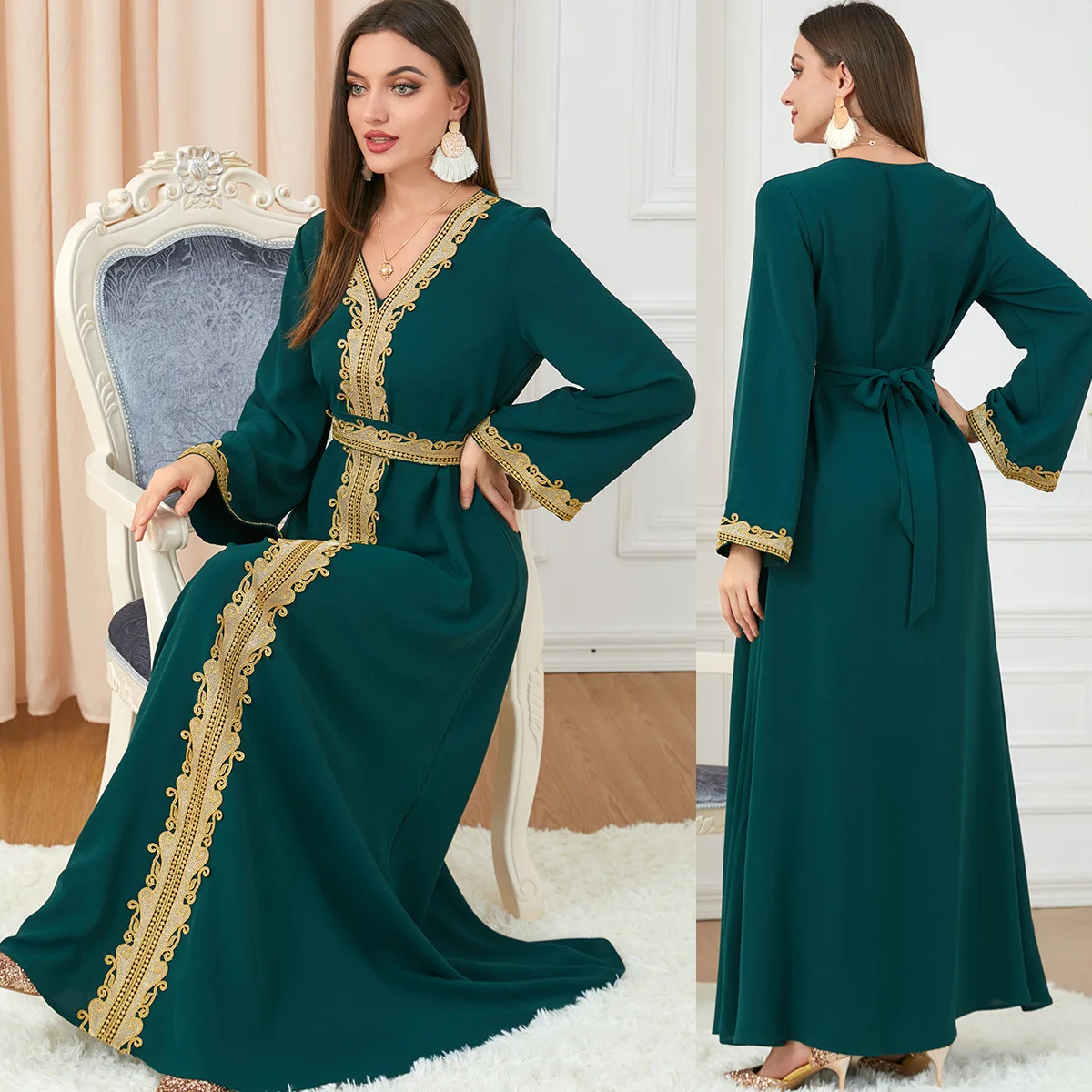 Jalabiya-Abaya Muslim Dresses for Women, Embroidery Party Dress, Ethnic Long Robe, Kaftan Robe, Eid Print, Ramadan, Autumn