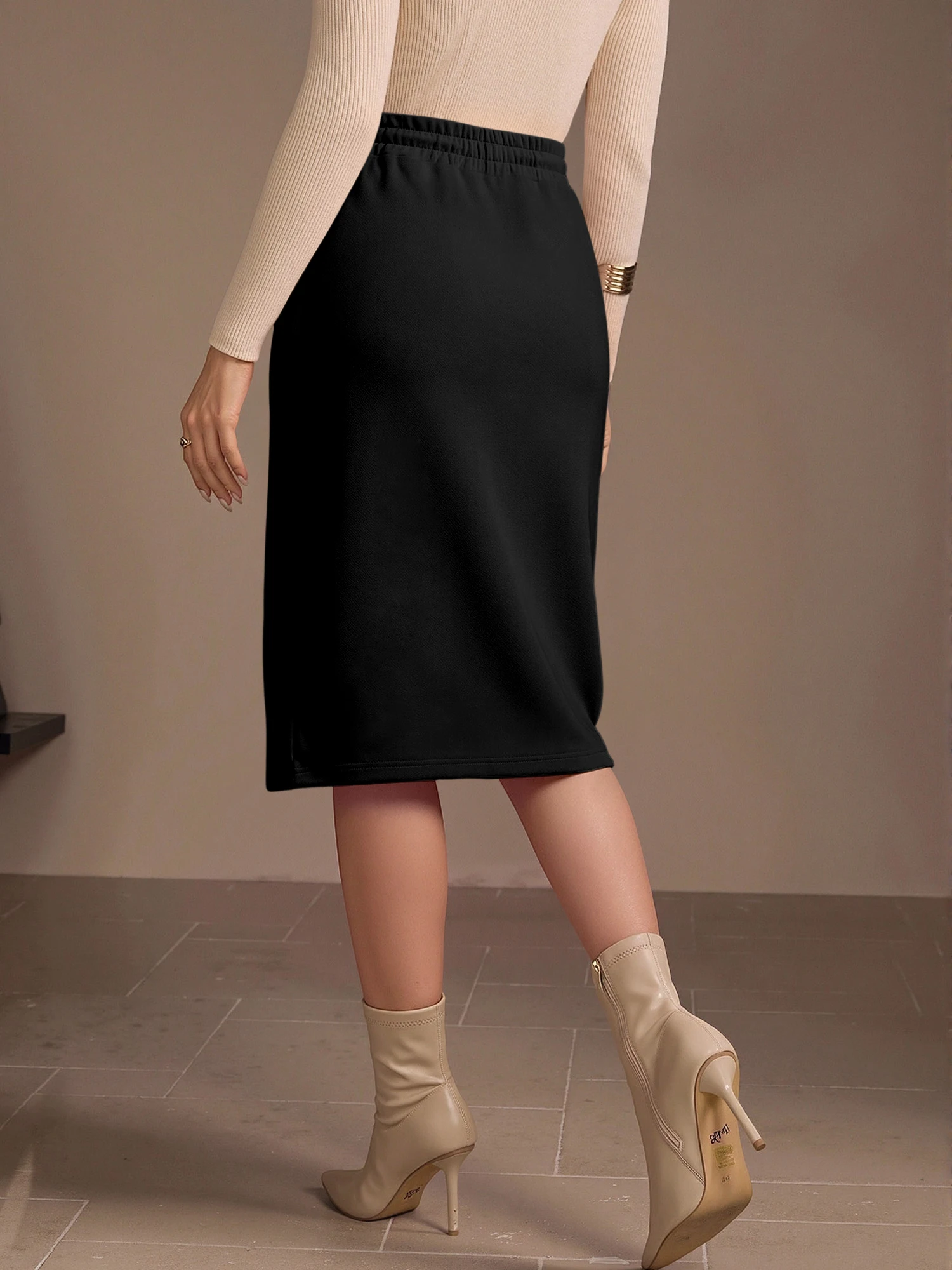 Streetwear Women Terry Midi Pencil Skirt Elastic Drawstring Waist Front Slit Bodycon Skirt Soft Lightweight Casual Party Bottom
