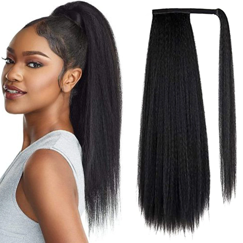 

22 34" Synthetic Afro Fluffy Yaki Straight Ponytail Extension Fake Hair Ponytail Black Brown Hairpiece Wrap Around Clip Hair