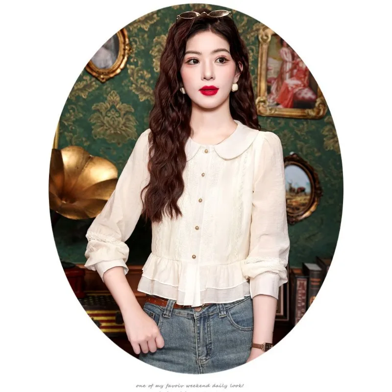 Cardigan Patchwork à manches longues et col de poupée pour femmes, chemise haute, couleur unie, ajouré, mode, haut élégant